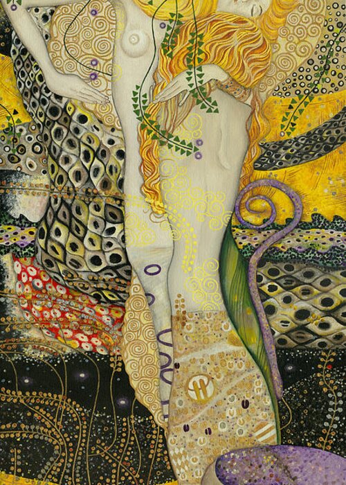 Advertising Greeting Card featuring the painting My acrylic painting as an interpretation of the famous artwork of Gustav Klimt - Water Serpents I by Elena Daniel Yakubovich