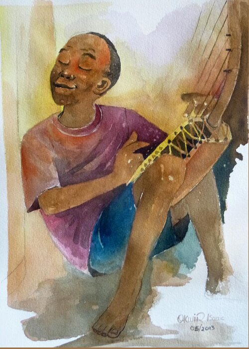 Traditional Music Greeting Card featuring the painting My Companion by Okwir Isaac