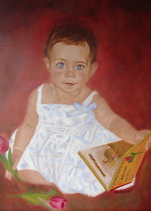 Portrait Greeting Card featuring the painting My First Book by Sharon Schultz
