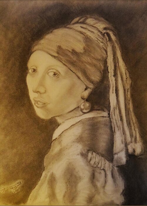 My Girl With A Pearl Earring Greeting Card featuring the drawing My Girl with a Pearl Earring by Jose A Gonzalez Jr