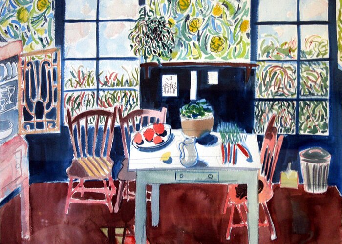 Watercolor Greeting Card featuring the drawing My Matisse Kitchen by Mark Lunde