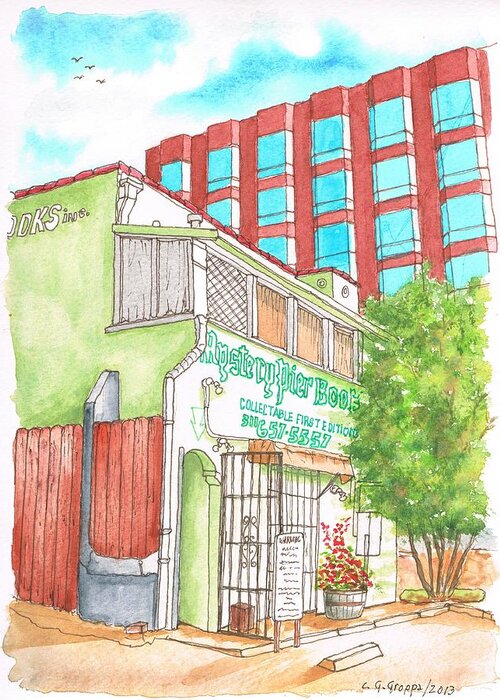 Nature Greeting Card featuring the painting Mystery Pier Book Store on Sunset Blvd - West Hollywood - California by Carlos G Groppa