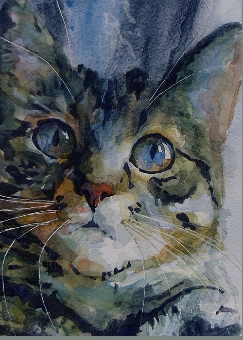 Tabby Greeting Card featuring the painting Mystery Tabby by Paul Lovering