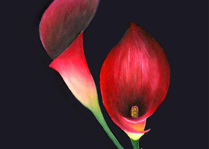 Red Calla Lillies Greeting Card featuring the painting Mystic Calla Lillies by Mary Gaines