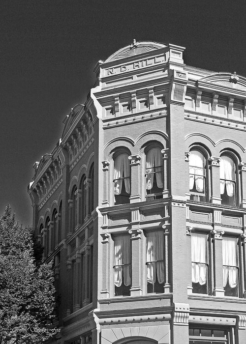 N D Hill Building Greeting Card featuring the photograph N. D. Hill Building 1858. Port Townsend Historic District Vivid BW by Connie Fox