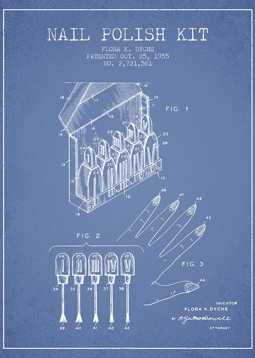 Nail Polish Greeting Card featuring the digital art Nail Polish Kit patent from 1955 - Light Blue by Aged Pixel