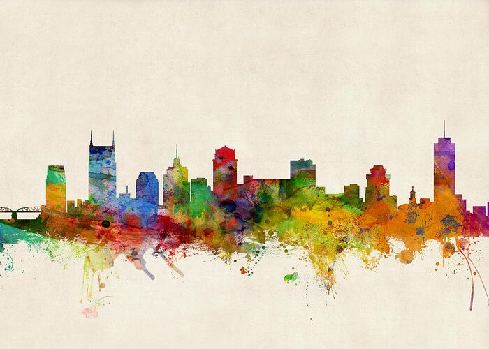 Watercolour Greeting Card featuring the digital art Nashville Tennessee Skyline by Michael Tompsett