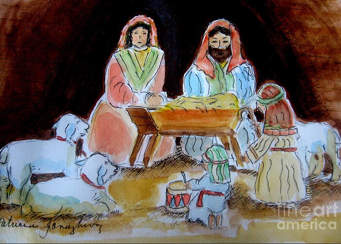 Christmas Greeting Card featuring the painting Nativity with Little Drummer Boy by Patricia Januszkiewicz