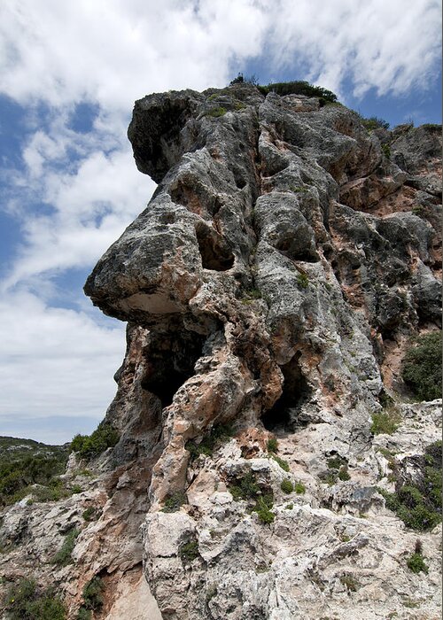 Active Greeting Card featuring the photograph Stone wall in cales coves - Menorca - Ready for climbing in middle of nature - Natural Moai by Pedro Cardona Llambias