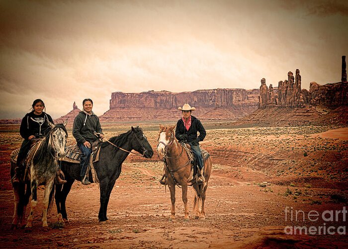 Red Soil Greeting Card featuring the photograph Navajo Riders by Jim Garrison