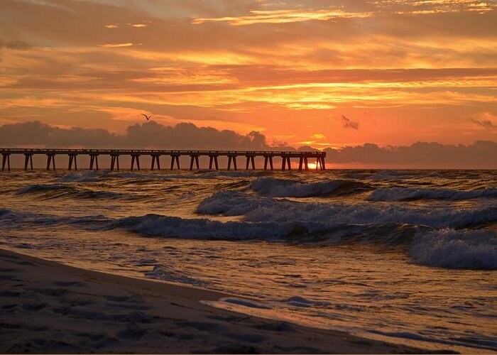 Navarre Pier Greeting Card featuring the photograph Navarre Pier at Sunrise with Waves by Jeff at JSJ Photography
