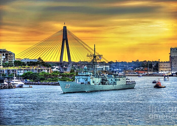 Photography Greeting Card featuring the photograph Navy Ship and Anzac Bridge at Sunset by Kaye Menner