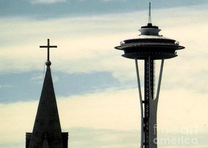 Seattle Greeting Card featuring the photograph Seattle Washington Space Needle Steeple And Cross by Michael Hoard