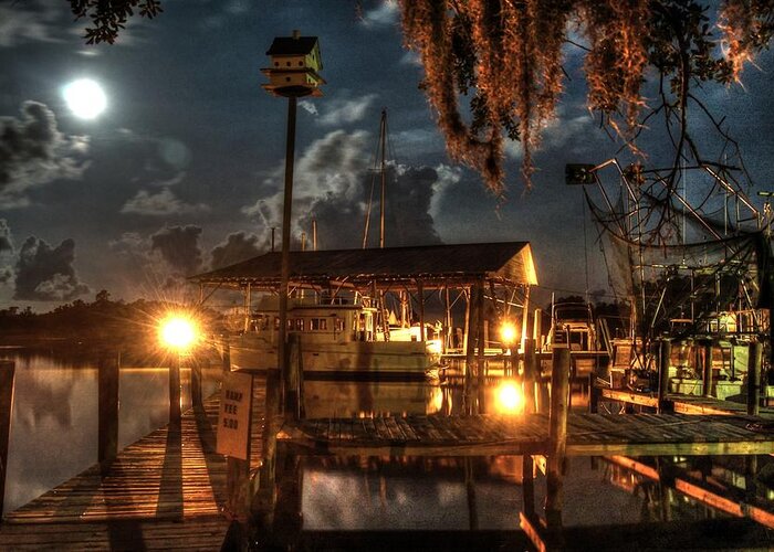 Alabama Greeting Card featuring the digital art Nelson's Marina with Super Moon by Michael Thomas