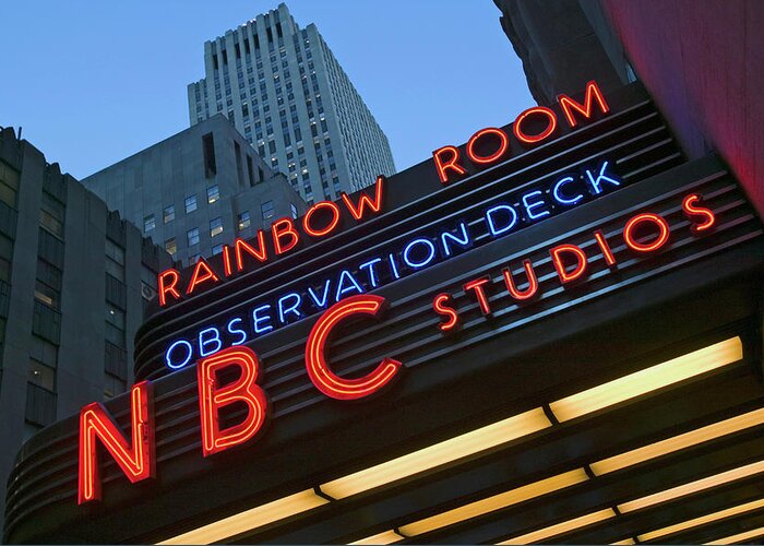 Photography Greeting Card featuring the photograph Neon Lights Of Nbc Studios And Rainbow by Panoramic Images