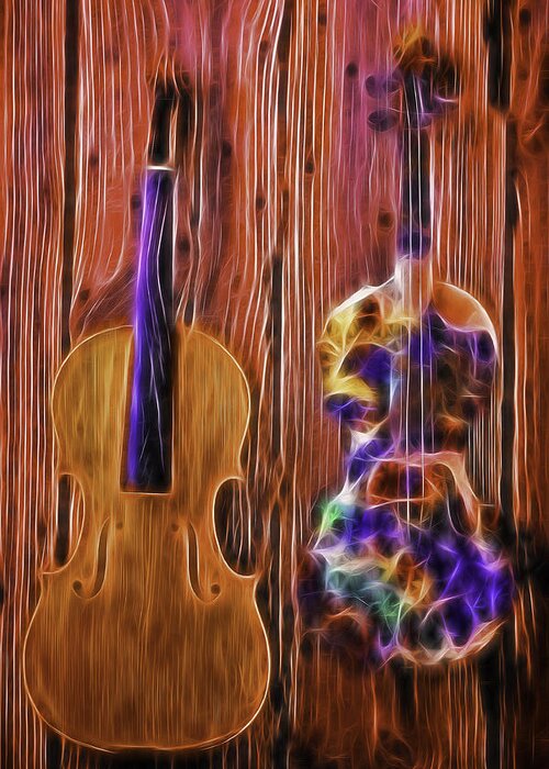Neon Greeting Card featuring the photograph Neon Violins by Garry Gay