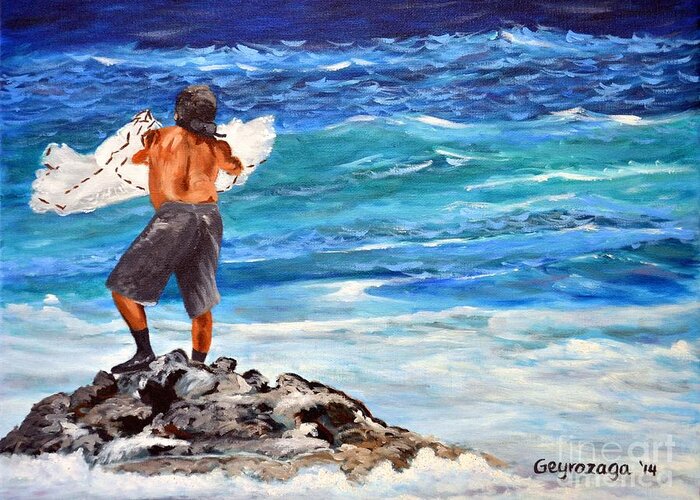 Seascape Greeting Card featuring the painting Net Fishing by Larry Geyrozaga