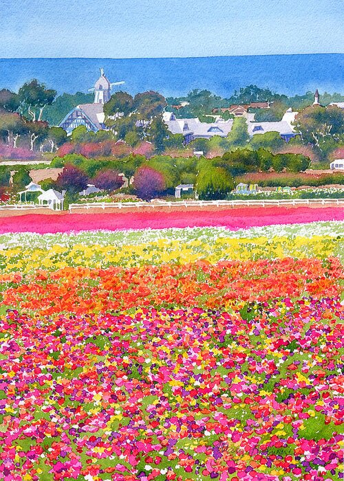 Landscape Greeting Card featuring the painting New Carlsbad Flower Fields by Mary Helmreich