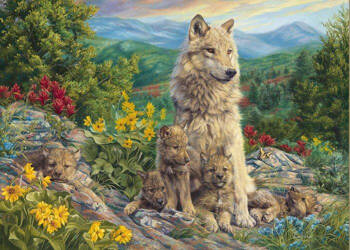 Wolf Greeting Card featuring the painting New Generation by Lucie Bilodeau