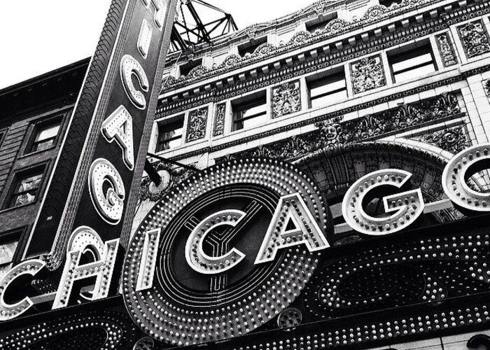 America Greeting Card featuring the photograph Chicago Theatre Sign Black and White Photo by Paul Velgos