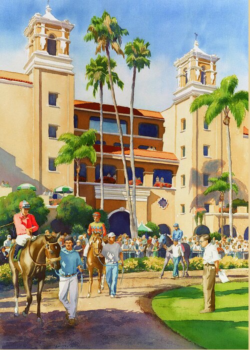 Paddock Greeting Card featuring the painting New Paddock at Del Mar by Mary Helmreich