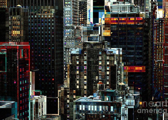 Urban Greeting Card featuring the photograph New York at Night - Skyscrapers and Office Windows by Miriam Danar