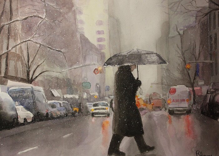 New York Greeting Card featuring the painting New York Chill by Rachel Bochnia
