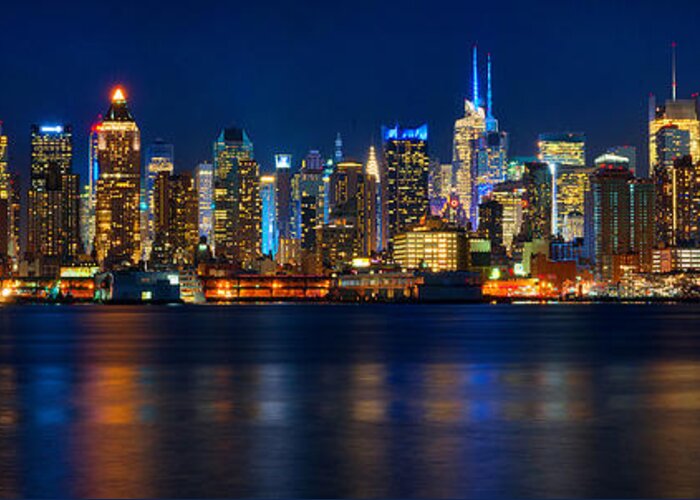 Best New York Skyline Greeting Card featuring the photograph New York City Skyline Panorama in Blue by Mitchell R Grosky