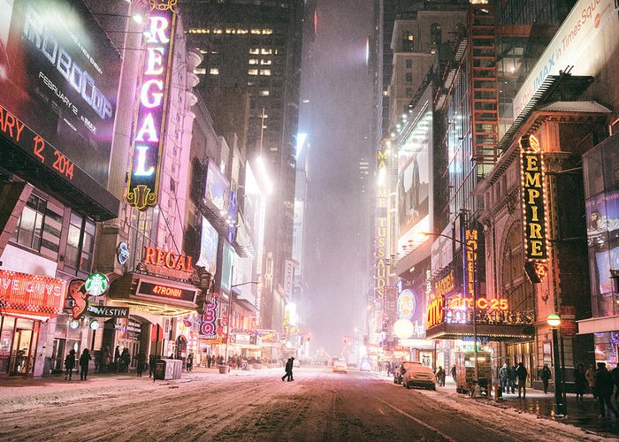 New York City Greeting Card featuring the photograph New York City - Winter Night - Times Square in the Snow by Vivienne Gucwa