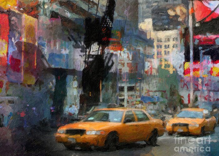 Cityscape Greeting Card featuring the painting New York Lights by Lutz Baar