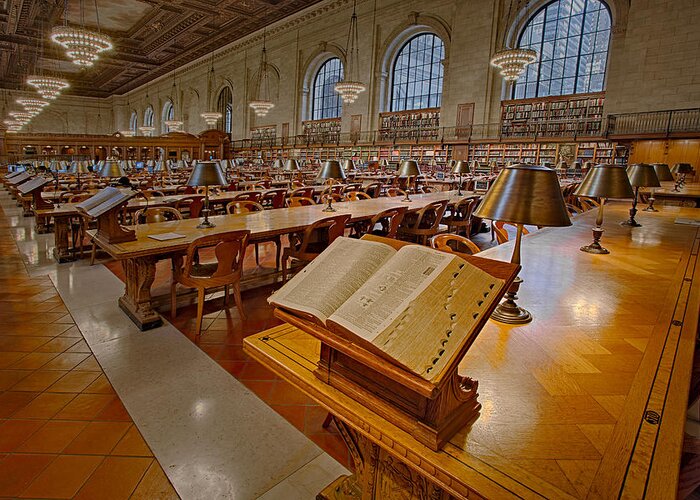 The New York Public Library Greeting Card featuring the photograph New York Public Library Rose Main Reading Room by Susan Candelario