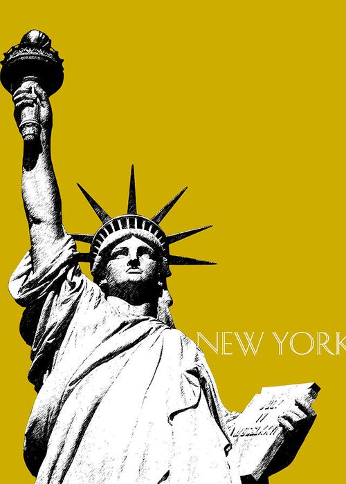 Architecture Greeting Card featuring the digital art New York Skyline Statue of Liberty - Gold by DB Artist