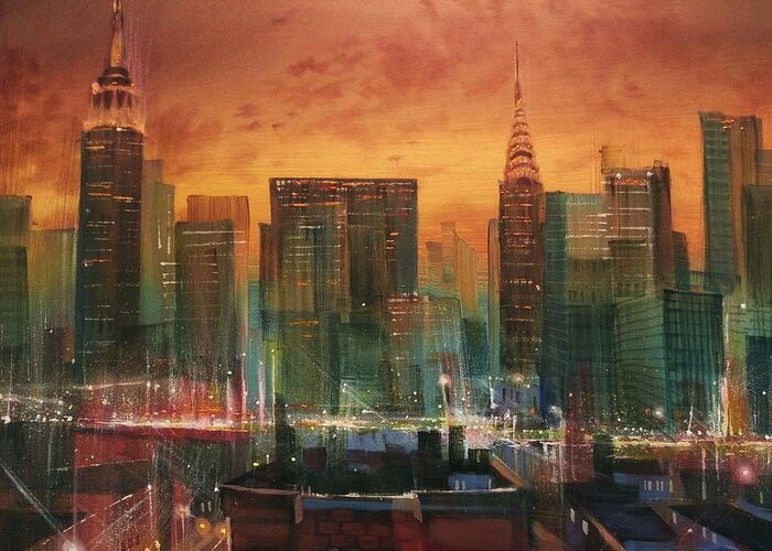 Chrysler Building Greeting Card featuring the painting New York the Emerald City by Tom Shropshire