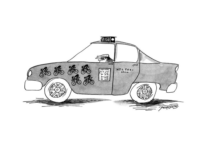 
No Capiton. Profile Of Taxi With Driver: Six Bicycles Are Marked On The Side Of The Cab Greeting Card featuring the drawing New Yorker April 1st, 1996 by Peter Porges
