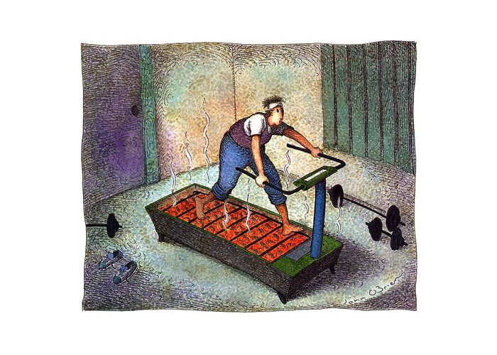 (a Man On A Treadmill Filled With Hot Coals)
Fitness Greeting Card featuring the drawing New Yorker April 25th, 1994 by John O'Brien
