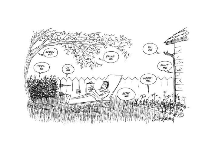 Man Lounging In Back Yard Hears His Tree Greeting Card featuring the drawing New Yorker August 12th, 1974 by Mort Gerberg