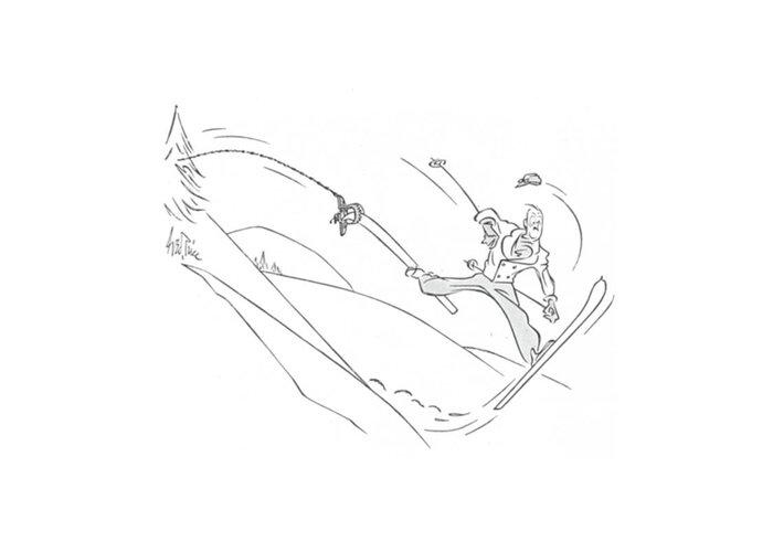 112461 Gpr George Price Skier Has Caught One Ski In A Bear Trap As He Came Down The Slope. Bear Big Blizzard Came Caught Cold Down Game Hunt Hunter Hunting Ice One Seasonal Seasons Ski Skier Slope Snow Snowfall Snowing Snowstorm Trap Winter Greeting Card featuring the drawing New Yorker February 13th, 1943 by George Price