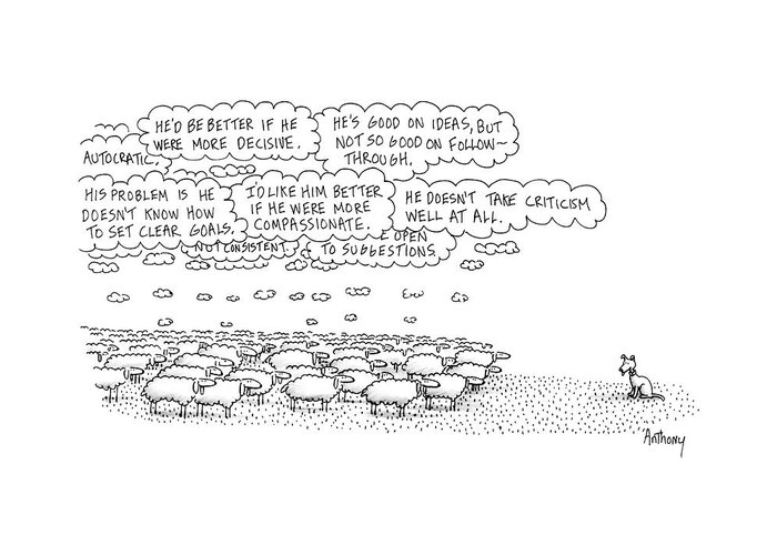 (a Flock Of Sheep Stands Looking Toward A Dog Who Is Evidently Herding Them Above Their Heads Are Many Clouds Of Critical Thoughts Greeting Card featuring the drawing New Yorker February 15th, 1988 by Anthony Taber