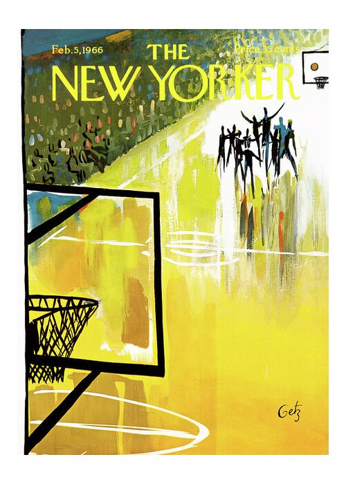 
Sports Sports Athlete Pro Athletics Game Player Players Team Fans Basketball Dribble Dunk Shoot Court Net Backboard Arthur Getz Agt Sumnerok Arthur Getz Agt Artkey 49885 Greeting Card featuring the painting New Yorker February 5th, 1966 by Arthur Getz