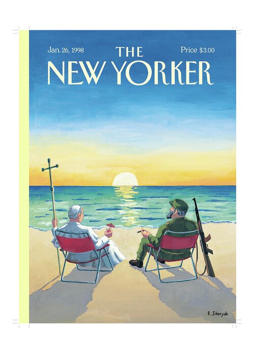 On The Beach Greeting Card featuring the painting New Yorker January 26th, 1998 by R Sikoryak