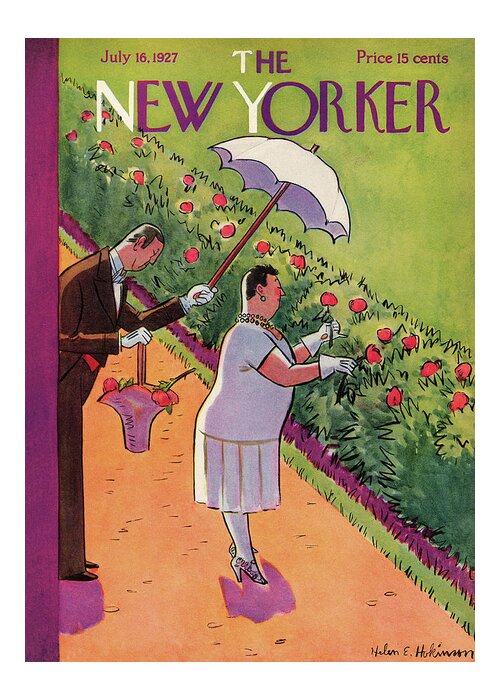 Rose Roses Fllower Flowers Picking Parasol Basket Woman Man Couple Couples Garden Hedge Summer Helen E. Hokinson Hho Helen E. Hokinson Hho Artkey 48095 Greeting Card featuring the painting New Yorker July 16th, 1927 by Helen E Hokinson