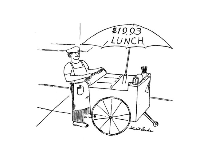 (food Vendor With Cart And Umbrella Which Reads Greeting Card featuring the drawing New Yorker July 19th, 1993 by Stuart Leeds