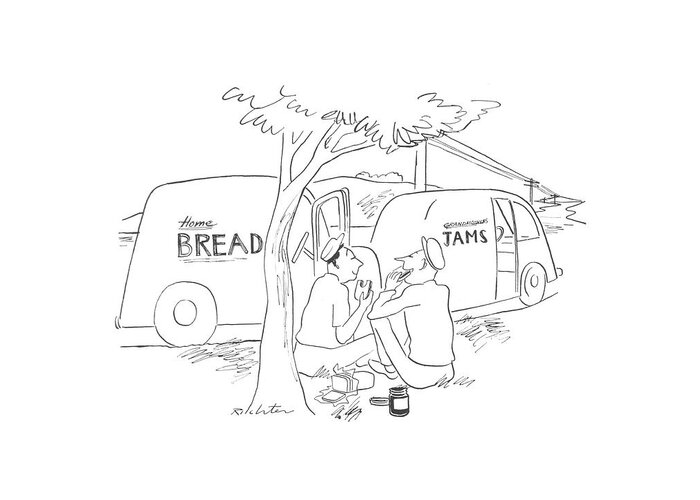 116472 Mri Mischa Richter The Jam Delivery Man And The Bread Delivery Man Share Lunch Together. Bread Break Breaks Career Careers Cuisine Delivery Dine Dines Dining Drive Driver Drivers Drives Eat Eating Eats Employee Employees Food Foods Jam Job Jobs Lunch Lunches Man Meals Occupation Occupations Sandwich Sandwiches Share Together Truck Trucks Work Worker Workers Working Works Greeting Card featuring the drawing New Yorker July 29th, 1944 by Mischa Richter