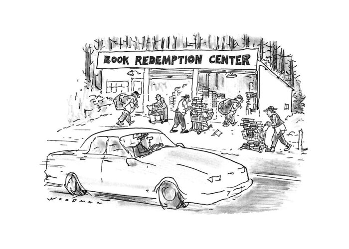 No Caption
Man In Car Drives By A Roadside Stand Labeled Greeting Card featuring the drawing New Yorker June 24th, 1996 by Bill Woodman