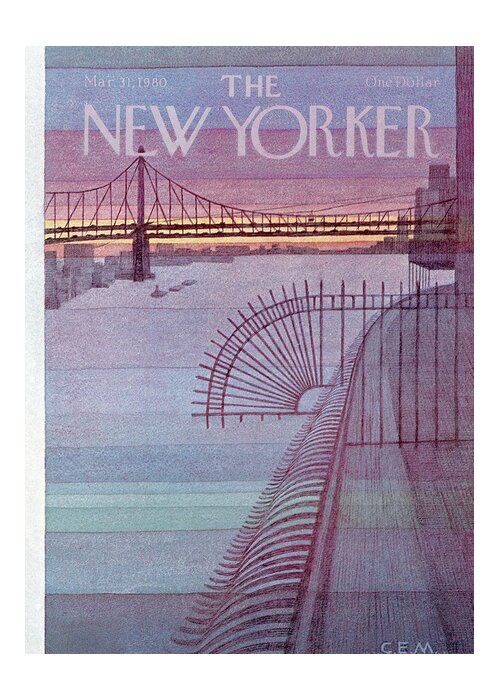 (a View Of The Manhattan Bridge From An Overhang.) Urban Technology Architecture Seashore Charles E. Martin Cma Artkey 47537 Greeting Card featuring the painting New Yorker March 31st, 1980 by Charles E Martin