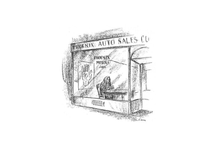 111780 Adu Alan Dunn Gypsy Fortune Teller Has Temporarily Rented The Phoenix Auto Sales Company's Salesroom. Auto Automobiles Autos Car Card Cards Cars Company's Drive Driving Fortune Gypsy Lease Of?ce Palm Phoenix Psychic Reader Reading Rent Rented Renting Sale Sales Salesroom Sell Selling Store Storefront Tarot Teller Temporarily Greeting Card featuring the drawing New Yorker March 7th, 1942 by Alan Dunn