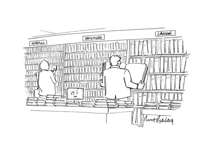 (people In A Bookstore Where The Shelves Are Marked Greeting Card featuring the drawing New Yorker May 10th, 1993 by Mort Gerberg