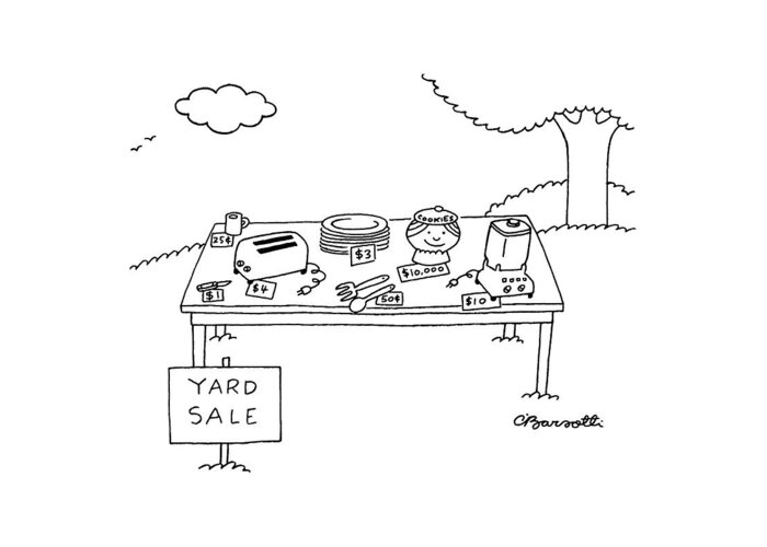 No Caption
Cookie Jar On Yard Sale Table Is Priced At $10 Greeting Card featuring the drawing New Yorker May 16th, 1988 by Charles Barsotti