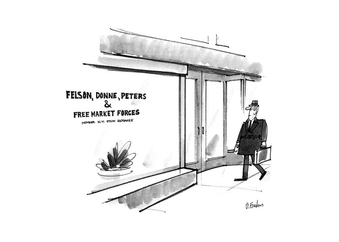 (man Walks By An An Office That Has A Sign In The Window That Reads 'felson Greeting Card featuring the drawing New Yorker May 26th, 1986 by Dana Fradon
