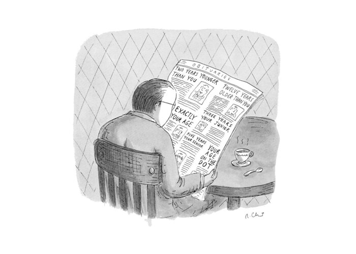 (man Reads The Obituaries In Newspaper Greeting Card featuring the drawing New Yorker October 25th, 1993 by Roz Chast